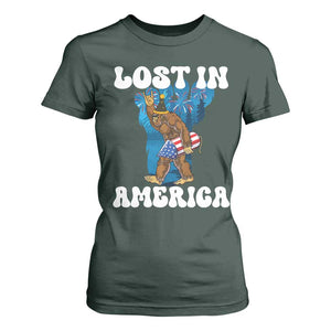 Funny 4th Of July Bigfoot Lost In America T Shirt For Women Patriotic Sasquatch Rocket Footprint Fireworks TS11 Dark Forest Green Print Your Wear