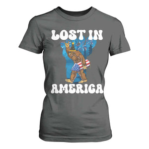 Funny 4th Of July Bigfoot Lost In America T Shirt For Women Patriotic Sasquatch Rocket Footprint Fireworks TS11 Dark Heather Print Your Wear
