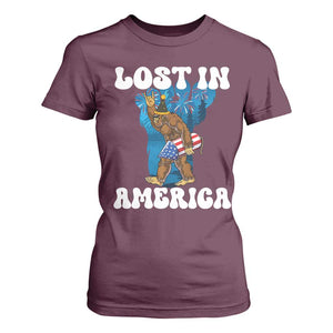 Funny 4th Of July Bigfoot Lost In America T Shirt For Women Patriotic Sasquatch Rocket Footprint Fireworks TS11 Maroon Print Your Wear