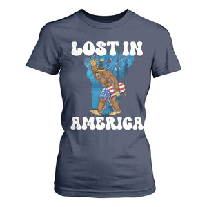 Funny 4th Of July Bigfoot Lost In America T Shirt For Women Patriotic Sasquatch Rocket Footprint Fireworks TS11 Navy Print Your Wear