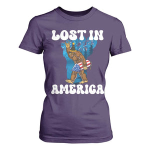 Funny 4th Of July Bigfoot Lost In America T Shirt For Women Patriotic Sasquatch Rocket Footprint Fireworks TS11 Purple Print Your Wear