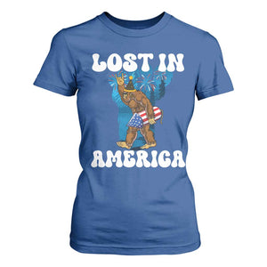 Funny 4th Of July Bigfoot Lost In America T Shirt For Women Patriotic Sasquatch Rocket Footprint Fireworks TS11 Royal Blue Print Your Wear