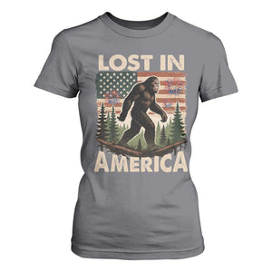 Funny 4th Of July Bigfoot Lost In America T Shirt For Women Patriotic Sasquatch US Flag Fireworks TS11 Charcoal Print Your Wear