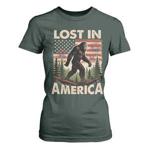 Funny 4th Of July Bigfoot Lost In America T Shirt For Women Patriotic Sasquatch US Flag Fireworks TS11 Dark Forest Green Print Your Wear