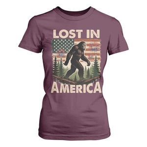 Funny 4th Of July Bigfoot Lost In America T Shirt For Women Patriotic Sasquatch US Flag Fireworks TS11 Maroon Print Your Wear