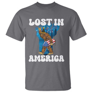 Funny 4th Of July Bigfoot Lost In America T Shirt Patriotic Sasquatch Rocket Footprint Fireworks TS11 Charcoal Print Your Wear