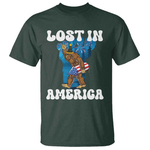 Funny 4th Of July Bigfoot Lost In America T Shirt Patriotic Sasquatch Rocket Footprint Fireworks TS11 Dark Forest Green Print Your Wear