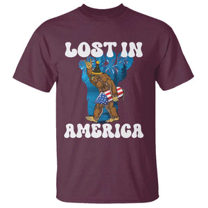Funny 4th Of July Bigfoot Lost In America T Shirt Patriotic Sasquatch Rocket Footprint Fireworks TS11 Maroon Print Your Wear