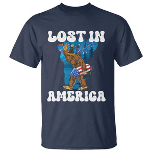 Funny 4th Of July Bigfoot Lost In America T Shirt Patriotic Sasquatch Rocket Footprint Fireworks TS11 Navy Print Your Wear