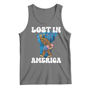 Funny 4th Of July Bigfoot Lost In America Tank Top Patriotic Sasquatch Rocket Footprint Fireworks TS11 Black Heather Print Your Wear