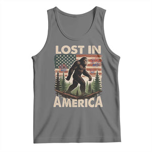 Funny 4th Of July Bigfoot Lost In America Tank Top Patriotic Sasquatch US Flag Fireworks TS11 Black Heather Print Your Wear