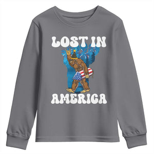 Funny 4th Of July Bigfoot Lost In America Youth Sweatshirt Patriotic Sasquatch Rocket Footprint Fireworks TS11 Charcoal Print Your Wear