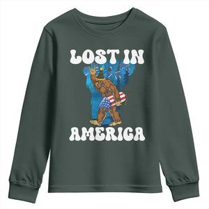 Funny 4th Of July Bigfoot Lost In America Youth Sweatshirt Patriotic Sasquatch Rocket Footprint Fireworks TS11 Dark Forest Green Print Your Wear