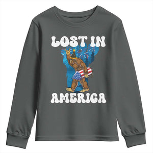 Funny 4th Of July Bigfoot Lost In America Youth Sweatshirt Patriotic Sasquatch Rocket Footprint Fireworks TS11 Dark Heather Print Your Wear