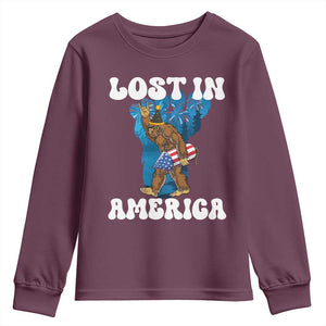 Funny 4th Of July Bigfoot Lost In America Youth Sweatshirt Patriotic Sasquatch Rocket Footprint Fireworks TS11 Maroon Print Your Wear