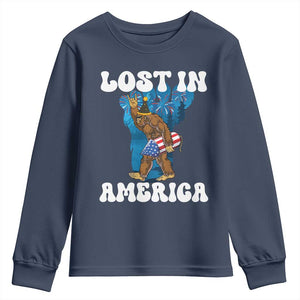 Funny 4th Of July Bigfoot Lost In America Youth Sweatshirt Patriotic Sasquatch Rocket Footprint Fireworks TS11 Navy Print Your Wear