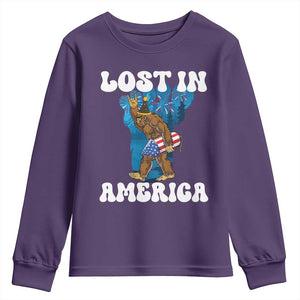 Funny 4th Of July Bigfoot Lost In America Youth Sweatshirt Patriotic Sasquatch Rocket Footprint Fireworks TS11 Purple Print Your Wear