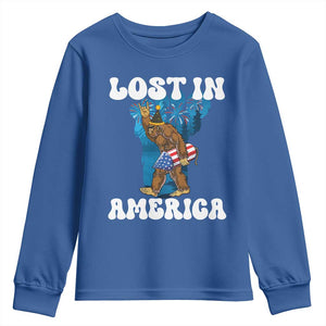 Funny 4th Of July Bigfoot Lost In America Youth Sweatshirt Patriotic Sasquatch Rocket Footprint Fireworks TS11 Royal Blue Print Your Wear