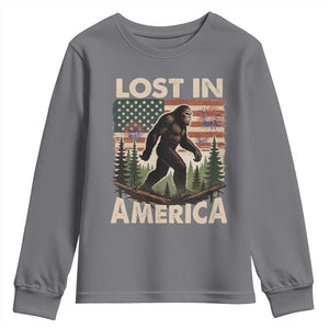 Funny 4th Of July Bigfoot Lost In America Youth Sweatshirt Patriotic Sasquatch US Flag Fireworks TS11 Charcoal Print Your Wear