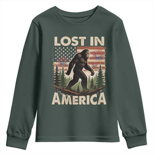 Funny 4th Of July Bigfoot Lost In America Youth Sweatshirt Patriotic Sasquatch US Flag Fireworks TS11 Dark Forest Green Print Your Wear