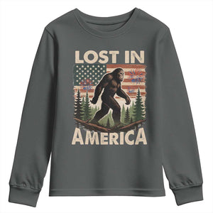Funny 4th Of July Bigfoot Lost In America Youth Sweatshirt Patriotic Sasquatch US Flag Fireworks TS11 Dark Heather Print Your Wear