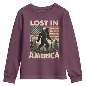 Funny 4th Of July Bigfoot Lost In America Youth Sweatshirt Patriotic Sasquatch US Flag Fireworks TS11 Maroon Print Your Wear