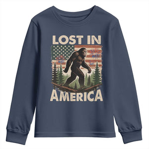 Funny 4th Of July Bigfoot Lost In America Youth Sweatshirt Patriotic Sasquatch US Flag Fireworks TS11 Navy Print Your Wear