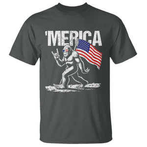 Funny 4th Of July Bigfoot Merica T Shirt Patriotic Sasquatch American US Flag TS11 Dark Heather Print Your Wear