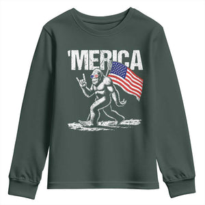Funny 4th Of July Bigfoot Merica Youth Sweatshirt Patriotic Sasquatch American US Flag TS11 Dark Forest Green Print Your Wear