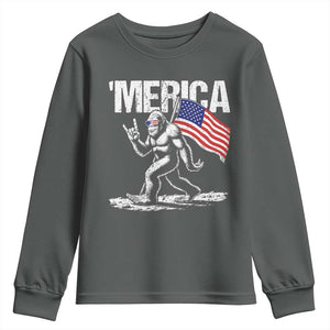 Funny 4th Of July Bigfoot Merica Youth Sweatshirt Patriotic Sasquatch American US Flag TS11 Dark Heather Print Your Wear