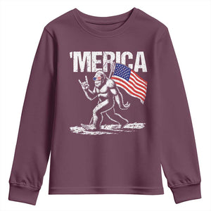Funny 4th Of July Bigfoot Merica Youth Sweatshirt Patriotic Sasquatch American US Flag TS11 Maroon Print Your Wear