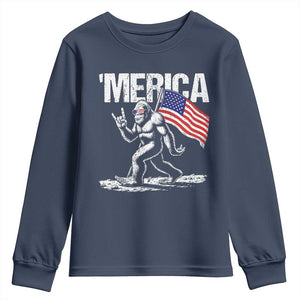 Funny 4th Of July Bigfoot Merica Youth Sweatshirt Patriotic Sasquatch American US Flag TS11 Navy Print Your Wear
