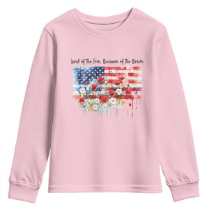 Funny 4th Of July Land Of The Free Because Of The Brave Youth Sweatshirt American Flag Flowers TS11 Light Pink Print Your Wear