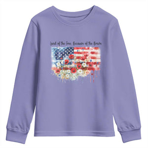 Funny 4th Of July Land Of The Free Because Of The Brave Youth Sweatshirt American Flag Flowers TS11 Violet Print Your Wear