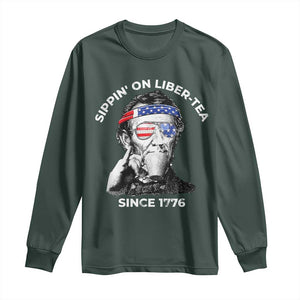 Funny 4th Of July Long Sleeve Shirt Sippin On Liber Tea Liberty Abe Lincoln 1776 USA Flag TS10 Dark Forest Green Print Your Wear