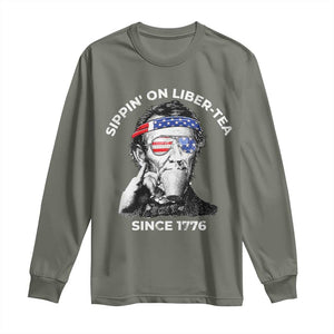 Funny 4th Of July Long Sleeve Shirt Sippin On Liber Tea Liberty Abe Lincoln 1776 USA Flag TS10 Military Green Print Your Wear