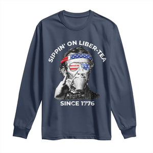 Funny 4th Of July Long Sleeve Shirt Sippin On Liber Tea Liberty Abe Lincoln 1776 USA Flag TS10 Navy Print Your Wear