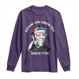 Funny 4th Of July Long Sleeve Shirt Sippin On Liber Tea Liberty Abe Lincoln 1776 USA Flag TS10 Purple Print Your Wear