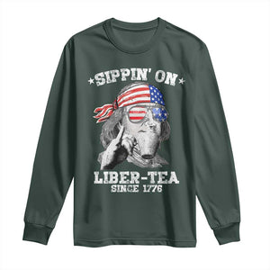 Funny 4th Of July Long Sleeve Shirt Sippin On Liber Tea Liberty Ben Franklin 1776 USA Flag TS10 Dark Forest Green Print Your Wear