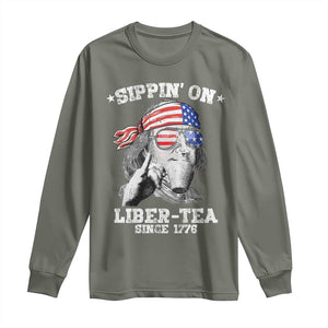 Funny 4th Of July Long Sleeve Shirt Sippin On Liber Tea Liberty Ben Franklin 1776 USA Flag TS10 Military Green Print Your Wear