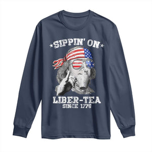 Funny 4th Of July Long Sleeve Shirt Sippin On Liber Tea Liberty Ben Franklin 1776 USA Flag TS10 Navy Print Your Wear
