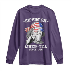 Funny 4th Of July Long Sleeve Shirt Sippin On Liber Tea Liberty Ben Franklin 1776 USA Flag TS10 Purple Print Your Wear