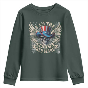 Funny 4th Of July Patriotic Skull Youth Sweatshirt I Am The Rockets Red Glare EST 1776 TS11 Dark Forest Green Print Your Wear