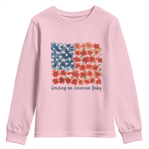 Funny 4th Of July Pregnancy Announcement Youth Sweatshirt Growing An American Baby USA Flag Flowers TS11 Light Pink Print Your Wear