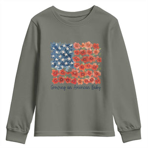 Funny 4th Of July Pregnancy Announcement Youth Sweatshirt Growing An American Baby USA Flag Flowers TS11 Military Green Print Your Wear
