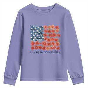 Funny 4th Of July Pregnancy Announcement Youth Sweatshirt Growing An American Baby USA Flag Flowers TS11 Violet Print Your Wear