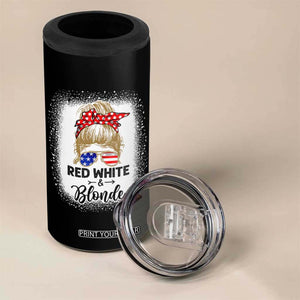 Funny 4th Of July Red White And Blonde 4 in 1 Can Cooler Tumbler Messy Bun Girl American Flag Sunglasses TS11 Print Your Wear