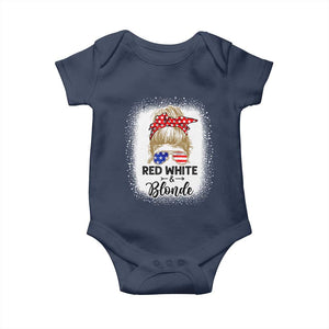 Funny 4th Of July Red White And Blonde Baby Onesie Messy Bun Girl American Flag Sunglasses TS11 Navy Print Your Wear