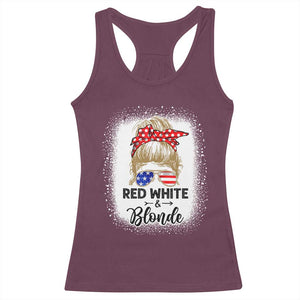 Funny 4th Of July Red White And Blonde Racerback Tank Top Messy Bun Girl American Flag Sunglasses TS11 Maroon Print Your Wear