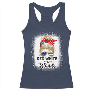Funny 4th Of July Red White And Blonde Racerback Tank Top Messy Bun Girl American Flag Sunglasses TS11 Navy Print Your Wear